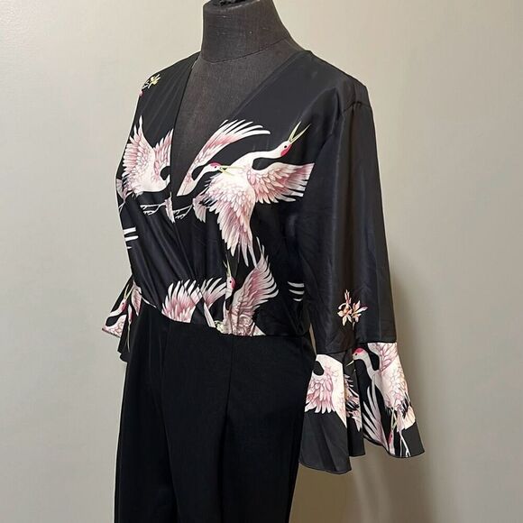 Vintage Women's Black Crane Print Bell Sleeve Jumpsuit - Picture 3 of 12
